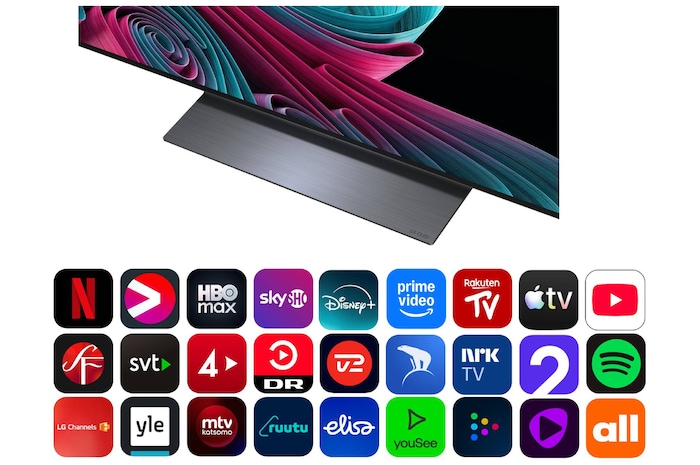LG OLED evo AI C6 visar en delad skärm med en planet-och-stjärnscen och jämför en matt anti-glare-skärm med sin Perfekt svart och Perfekt färg-skärm för tydligare bildkvalitet oavsett belysning, med stöd av UL-certifiering och Intertek-certifieringar för färgvolym och färgåtergivning.